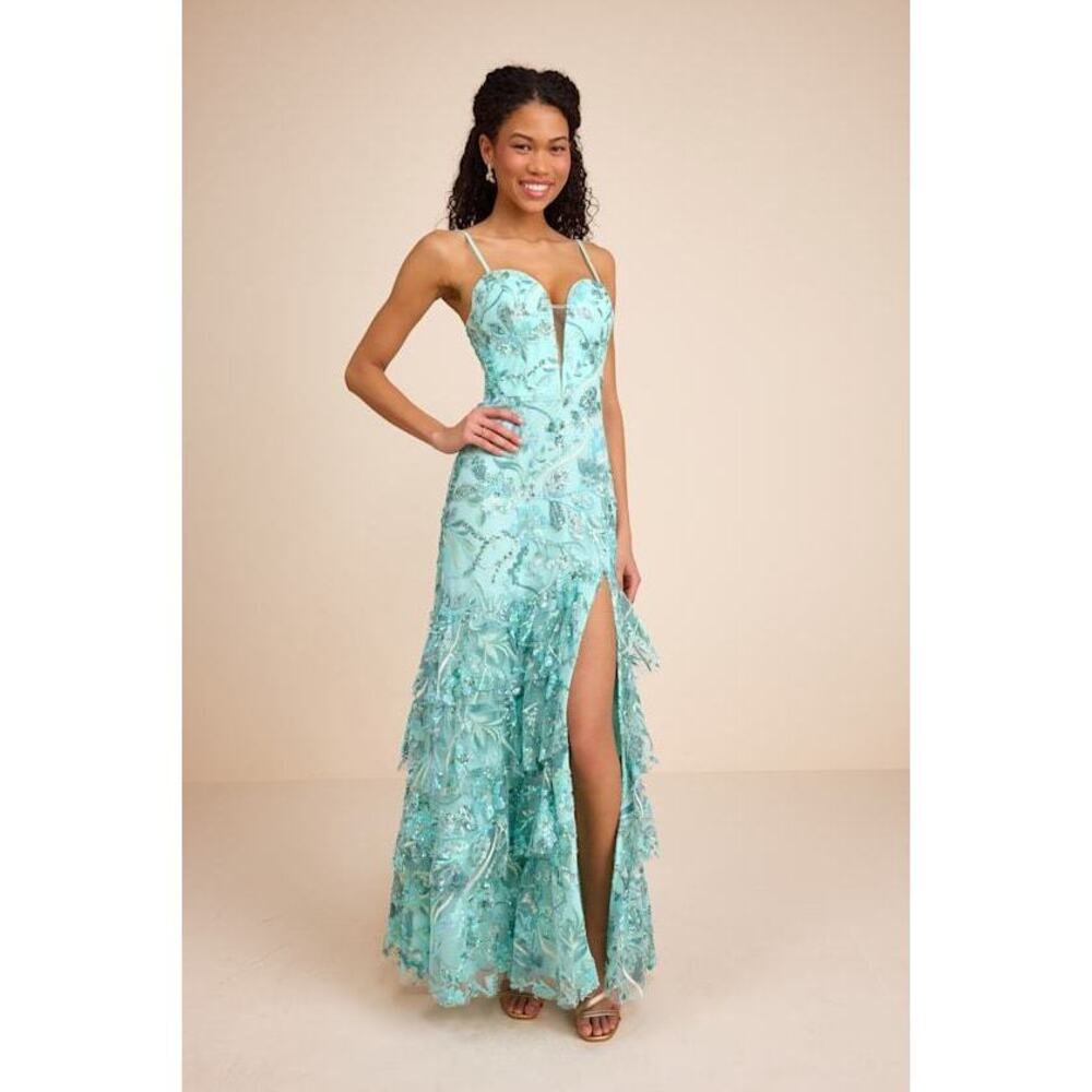 Lulus Angele Mint Blue Sequin Embroidered Tiered Maxi Dress - Size L